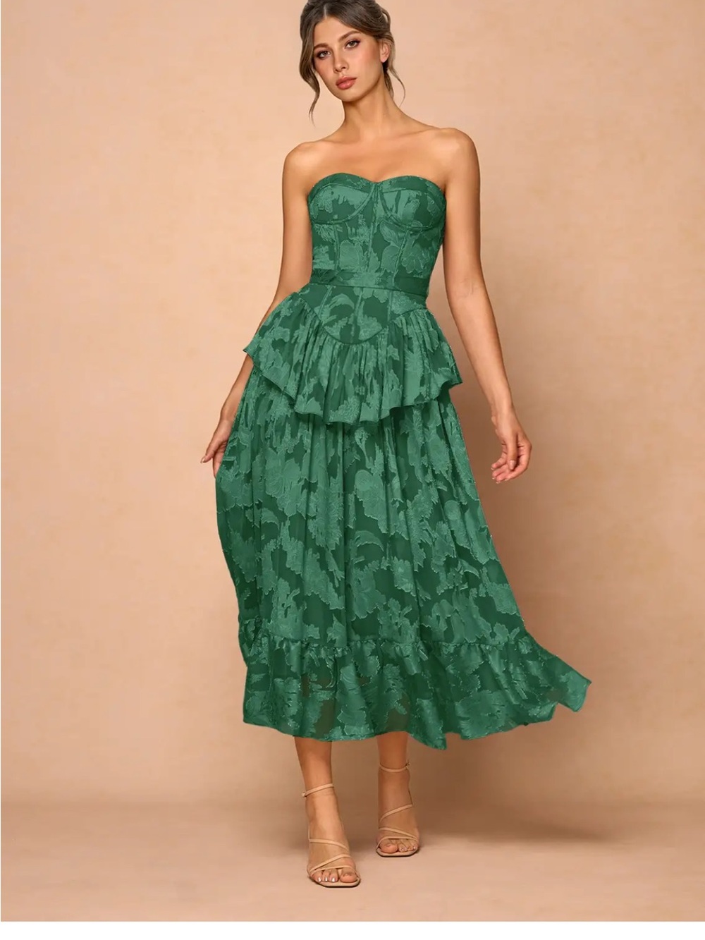 Azazie Strapless Emerald Green Peplum Midi Dress